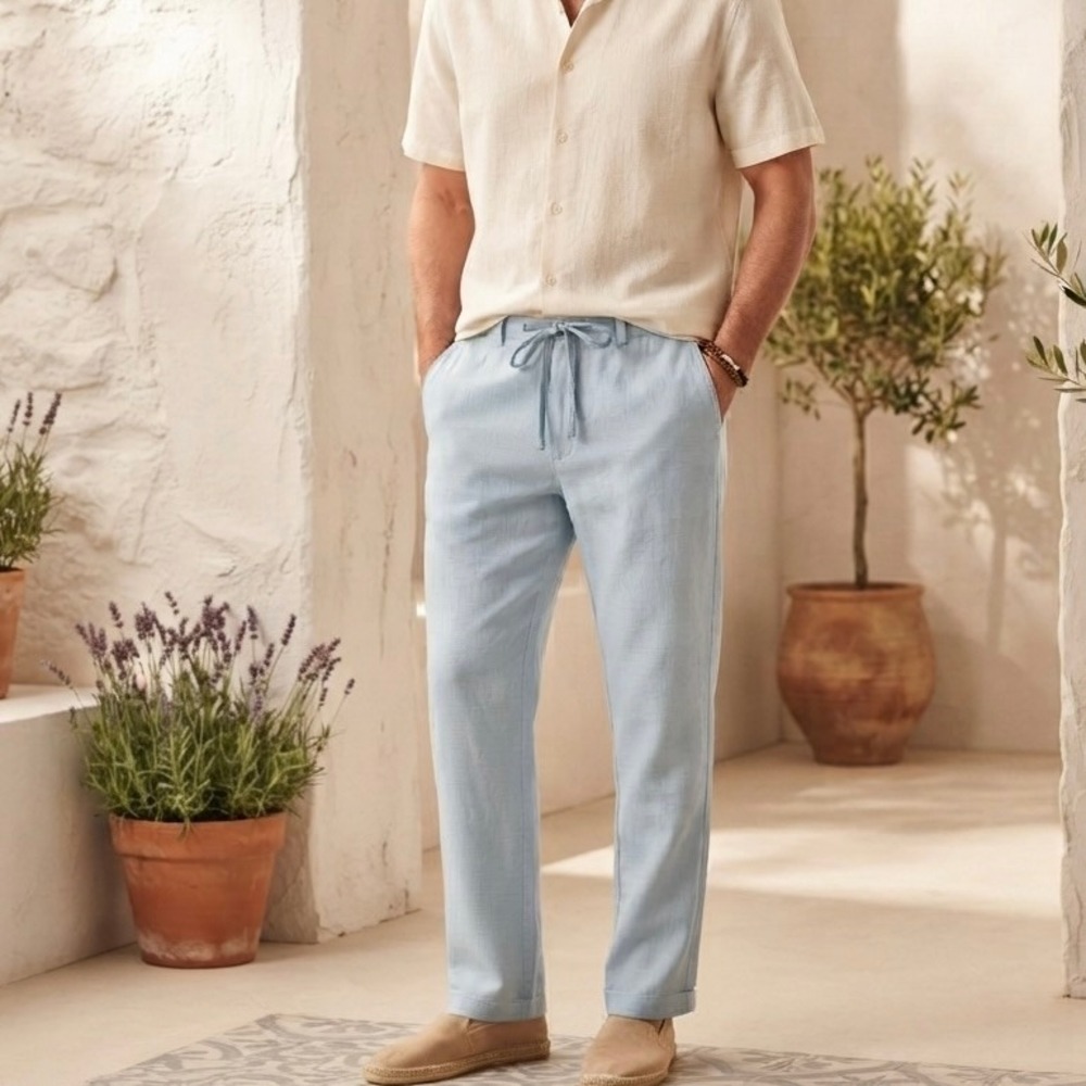 Caribbean Mens Light Blue 100% Linen Drawstring Straight Leg Pants 40x32